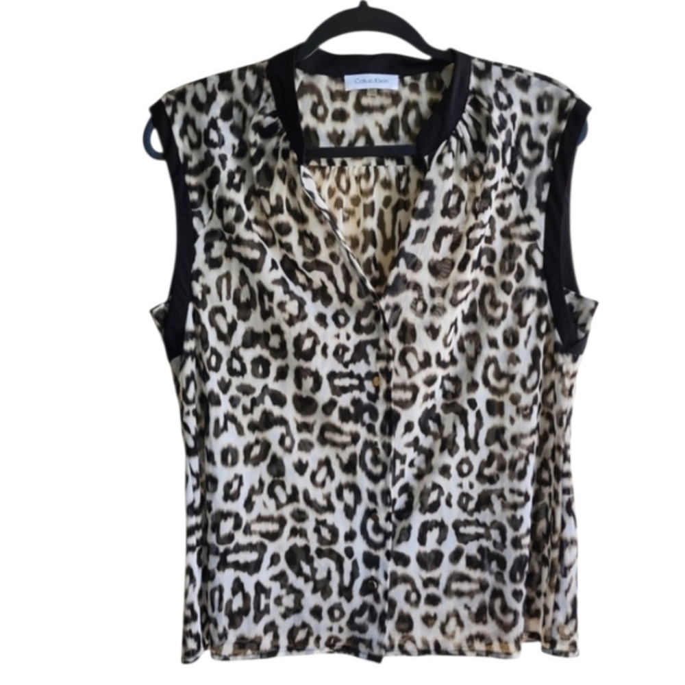 Calvin Klein Black and Brown Mandarin Collar Blouse.     Size L. - Picture 4 of 7